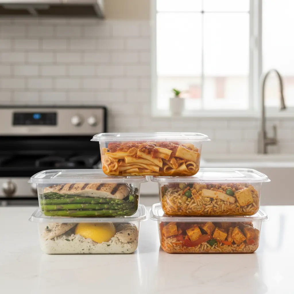 Stacked containers of freshly prepared homemade meals on a kitchen counter.