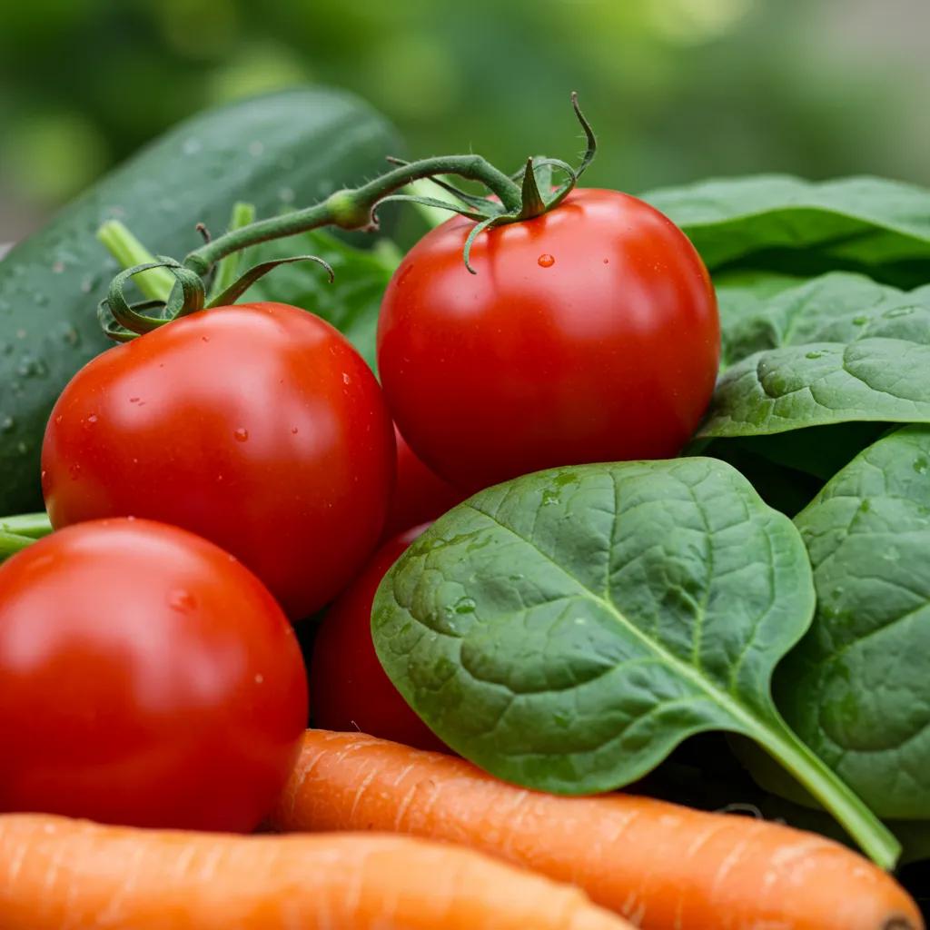 Close-up of fresh vegetables showing their colour and texture.